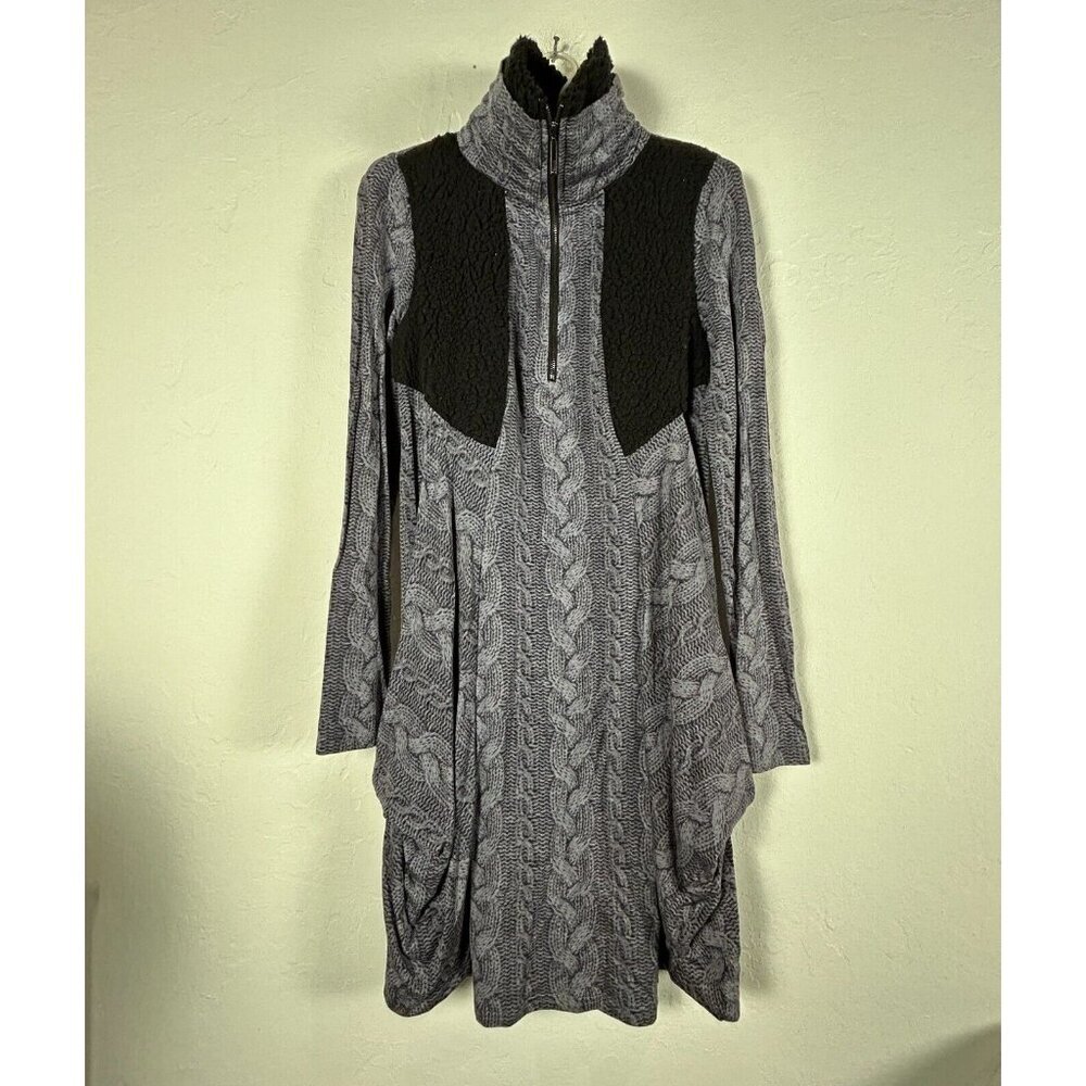 Kensie 1/4 Zip Dress XS Gray Cable Knit Print Drape Pockets Long Sleeve Faux Fur